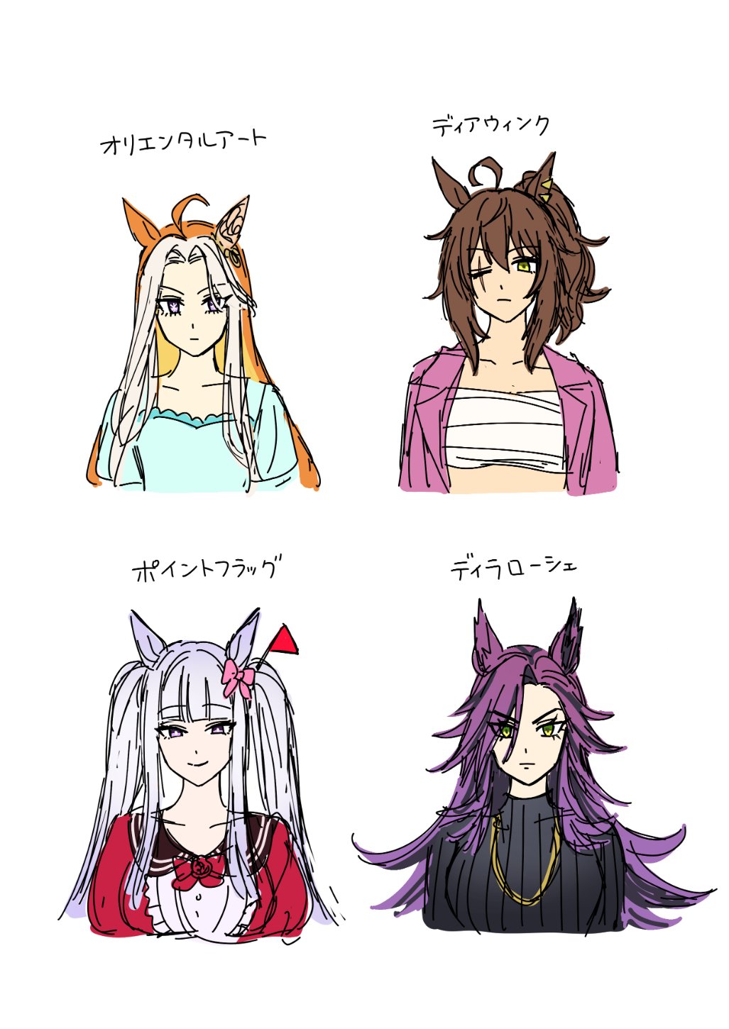 4girls, ahoge, black_sweater, blunt_bangs, bow, brown_hair, character_name, chest_sarashi