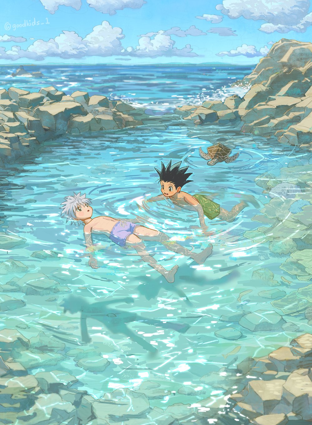 2boys, animal, barefoot, black_hair, blue_sky, blue_swim_trunks, clouds, day