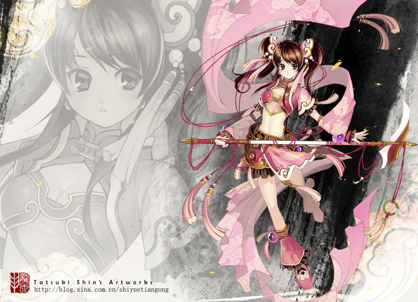 brown_hair, cleavage, copyright_request, hair_ornament, long_hair, midriff, navel, purple_eyes