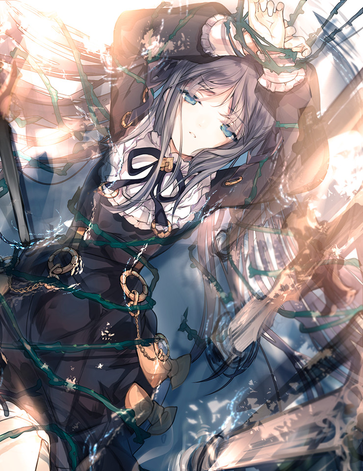 1girl, arcaea, black_dress, black_hair, black_ribbon, blue_eyes, chain, cierra_(ra-bit)