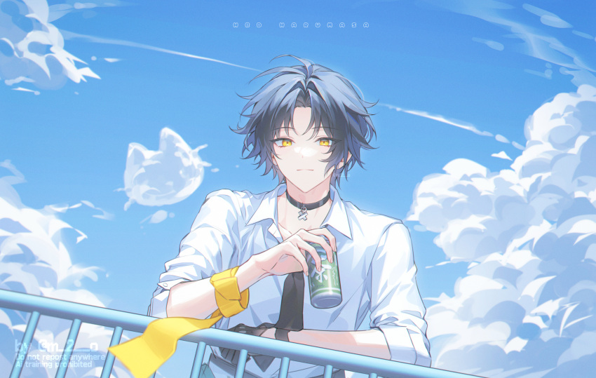1boy, animal-shaped_clothes, asaba_harumasa, black_choker, black_hair, black_necktie, blue_sky, can, character_name, choker, closed_mouth, clouds, day, domyo, highres, holding, holding_can, looking_at_viewer, male_focus, necktie, outdoors, railing, shirt, sky, solo, upper_body, white_shirt, yellow_eyes, zenless_zone_zero
