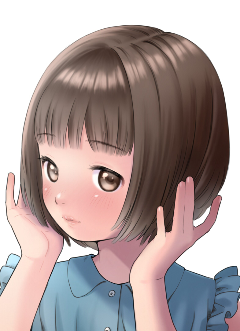 1girl, blouse, blue_shirt, bob_cut, brown_eyes, brown_hair, closed_mouth, commentary_request