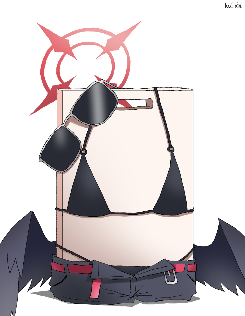 absurdres, artist_name, belt, bikini, bikini_under_shorts, black_bikini, black_shorts, black_wings, blue_archive, cutting_board, halo, highres, ichika_(blue_archive), ichika_(swimsuit)_(blue_archive), kai_xin, low_wings, no_humans, official_alternate_costume, open_belt, open_clothes, open_shorts, red_belt, red_halo, short_shorts, shorts, simple_background, sunglasses, swimsuit, white_background, wings