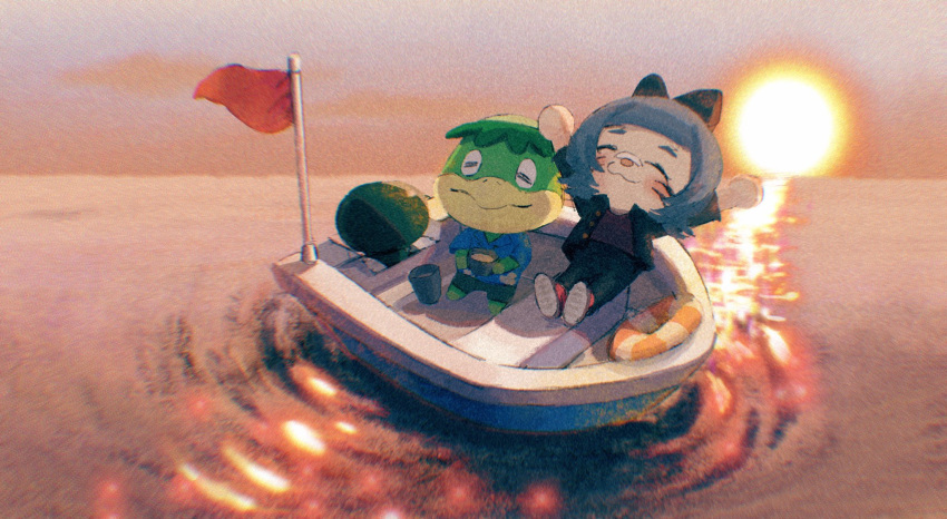 1boy, 1girl, :3, animal_crossing, black_jacket, black_pants, blue_shirt, boat