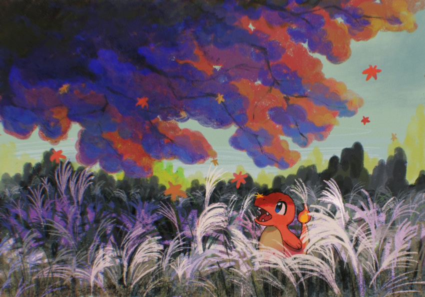 autumn_leaves, blue_eyes, charmander, commentary, dusk, falling_leaves, fangs, field