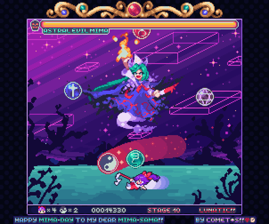 blood, blood_on_knife, blue_cape, blue_skirt, boss_fight, cape, comet_summoner98, confrontation, english_text, fake_screenshot, fireball, gameplay_mechanics, ghost_tail, gohei, green_eyes, green_hair, hair_ribbon, hakama, hakurei_reimu, heads-up_display, health_bar, highly_responsive_to_prayers, holding, holding_knife, japanese_clothes, knife, long_hair, mima_(touhou), open_mouth, pixel_art, purple_hair, red_hakama, red_ribbon, ribbon, shirt, skirt, sliding, space, star_(sky), touhou, touhou_(pc-98), user_interface, white_shirt