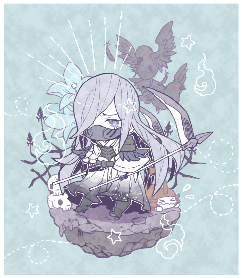 2boys, akechi_mitsuhide_(sengoku_basara), aqua_background, bird, blue_eyes, border, chibi, chibi_only
