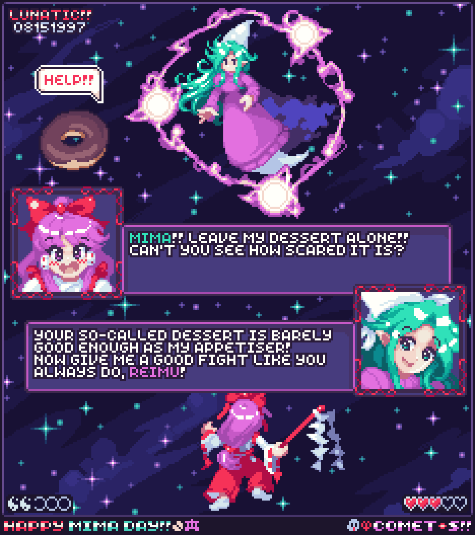blue_cape, blush, bow, cape, comet_summoner98, confrontation, dialogue_box, doughnut, dress, electricity, english_text, fake_screenshot, food, gameplay_mechanics, ghost_tail, gohei, green_hair, hair_ribbon, hakama, hakurei_reimu, hat, heads-up_display, health_bar, heart, japanese_clothes, long_hair, miko, mima_(touhou), open_mouth, parted_bangs, pixel_art, pointy_ears, ponytail, purple_dress, purple_hair, red_bow, red_hakama, red_ribbon, ribbon, score, smile, socks, space, star_(sky), story_of_eastern_wonderland, touhou, touhou_(pc-98), user_interface, white_socks, wizard_hat, yin_yang