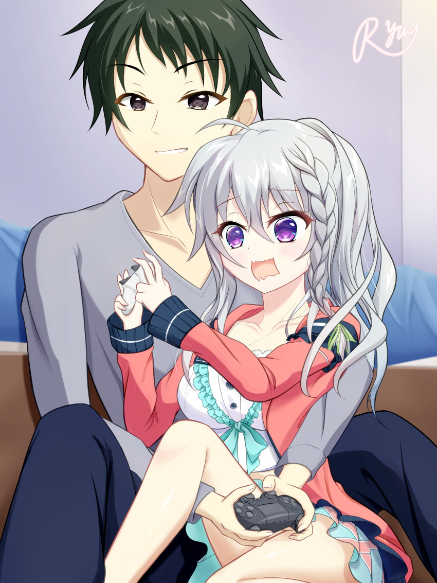 1boy, 1girl, 9-nine-, absurdres, ahoge, aqua_skirt, between_legs, black_eyes