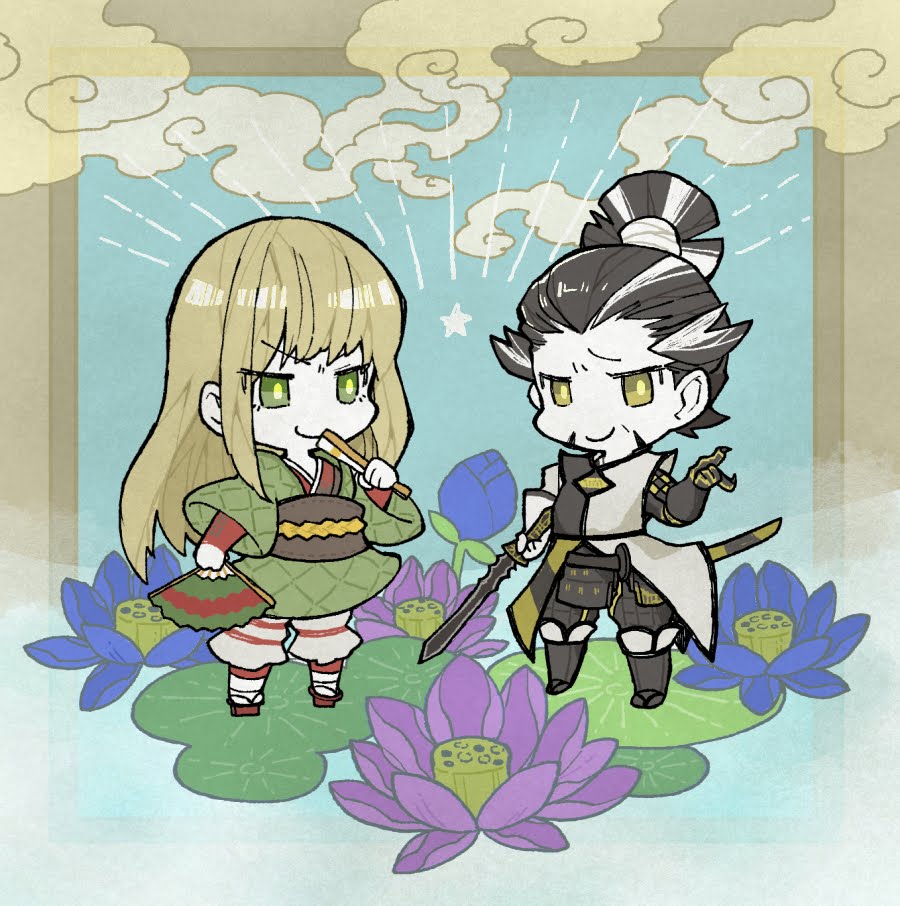 2boys, black_hair, blonde_hair, chibi, chibi_only, crtr_melco, flower, furrowed_brow
