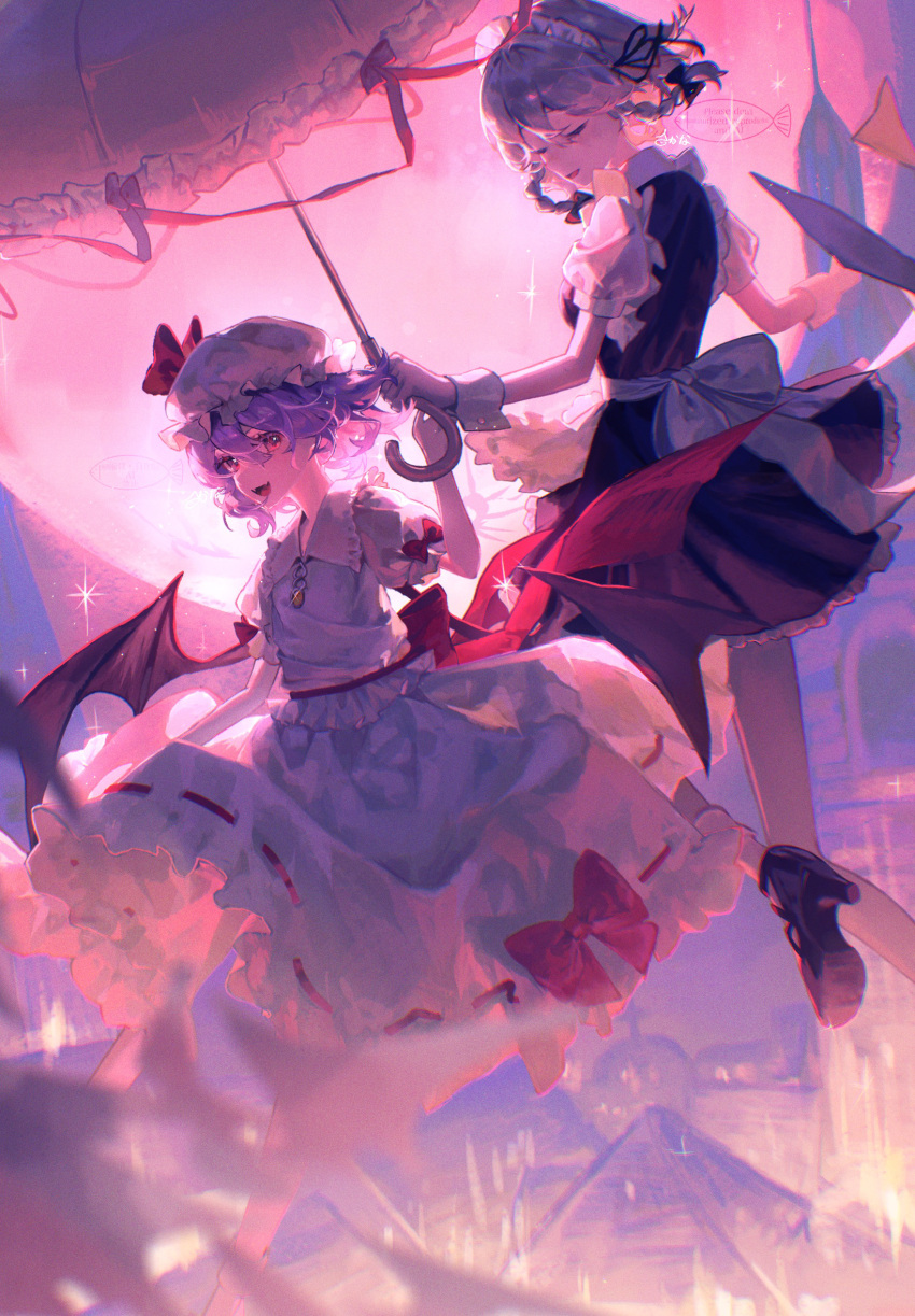 2girls, apron, bat_wings, black_dress, bow, braid, closed_eyes, commentary_request, dress, fangs, full_body, full_moon, hat, highres, holding, holding_umbrella, izayoi_sakuya, maid_apron, maid_headdress, mob_cap, moon, multiple_girls, open_mouth, osakana_(0519_sakana), outdoors, pink_dress, purple_hair, red_bow, remilia_scarlet, signature, touhou, twin_braids, umbrella, white_hair, wings