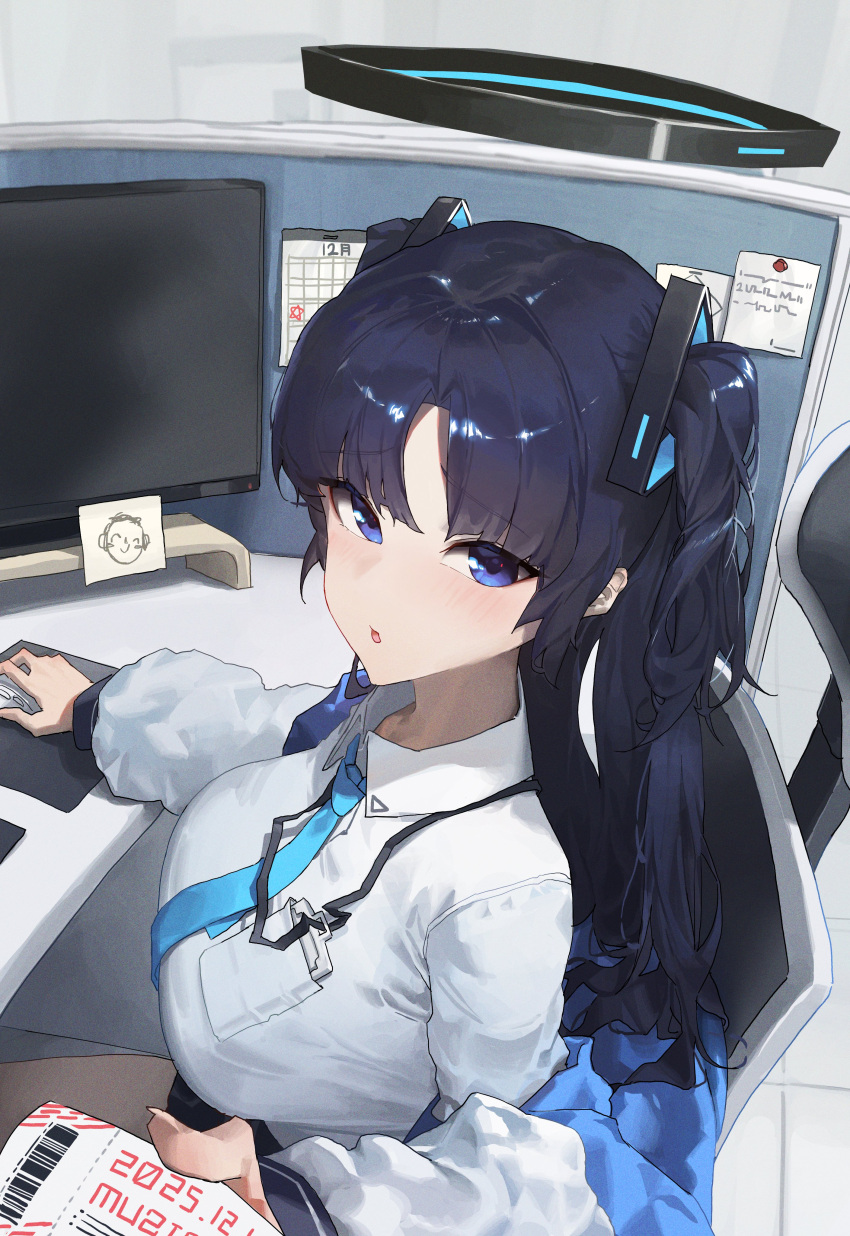 1girl, absurdres, black_hair, black_halo, blue_archive, blue_eyes, breasts, calendar_(object)