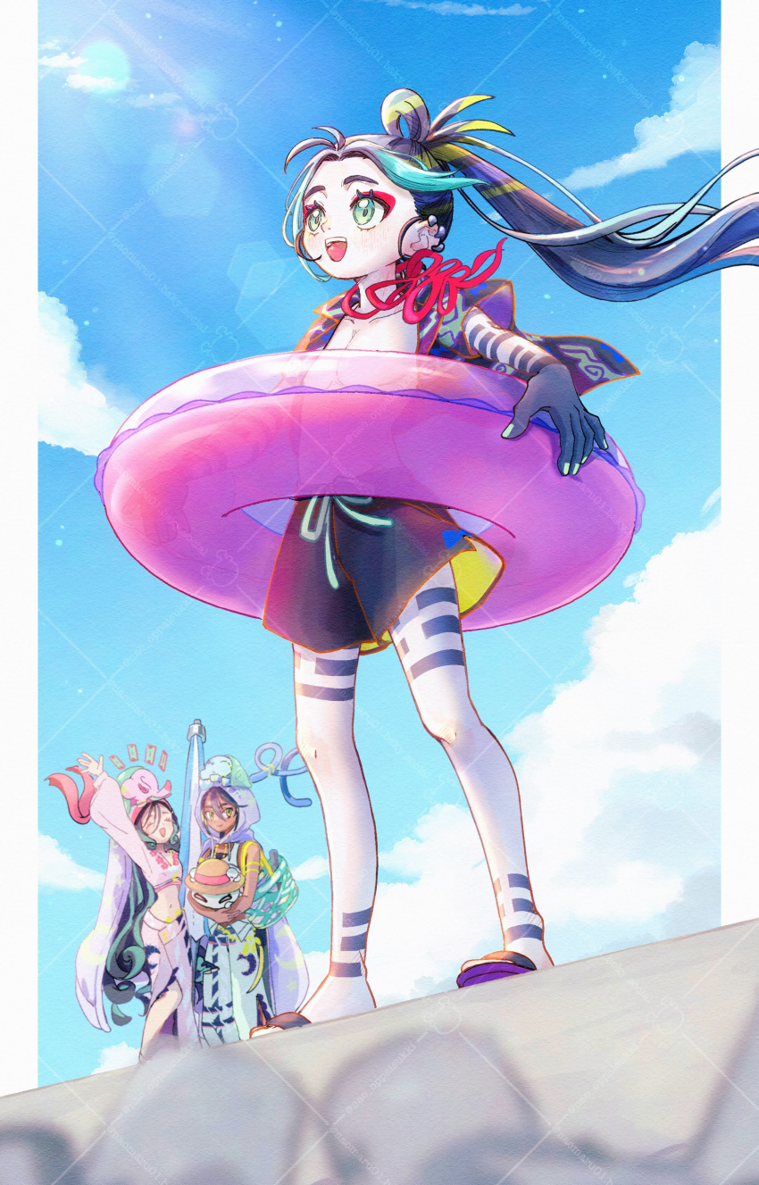 1boy, 2girls, absurdres, beach_umbrella, black_hair, colored_extremities, con_(fate), dark-skinned_female, dark_skin, ear_piercing, fate/grand_order, fate_(series), green_eyes, green_hair, highres, jacket, lens_flare, long_hair, male_swimwear, midriff, multiple_girls, nao_oppaisukiii, navel, piercing, pink_innertube, ponytail, smile, swim_trunks, taisui_xingjun_(fate), trung_nhi_(fate), trung_trac_(fate), umbrella, yellow_eyes
