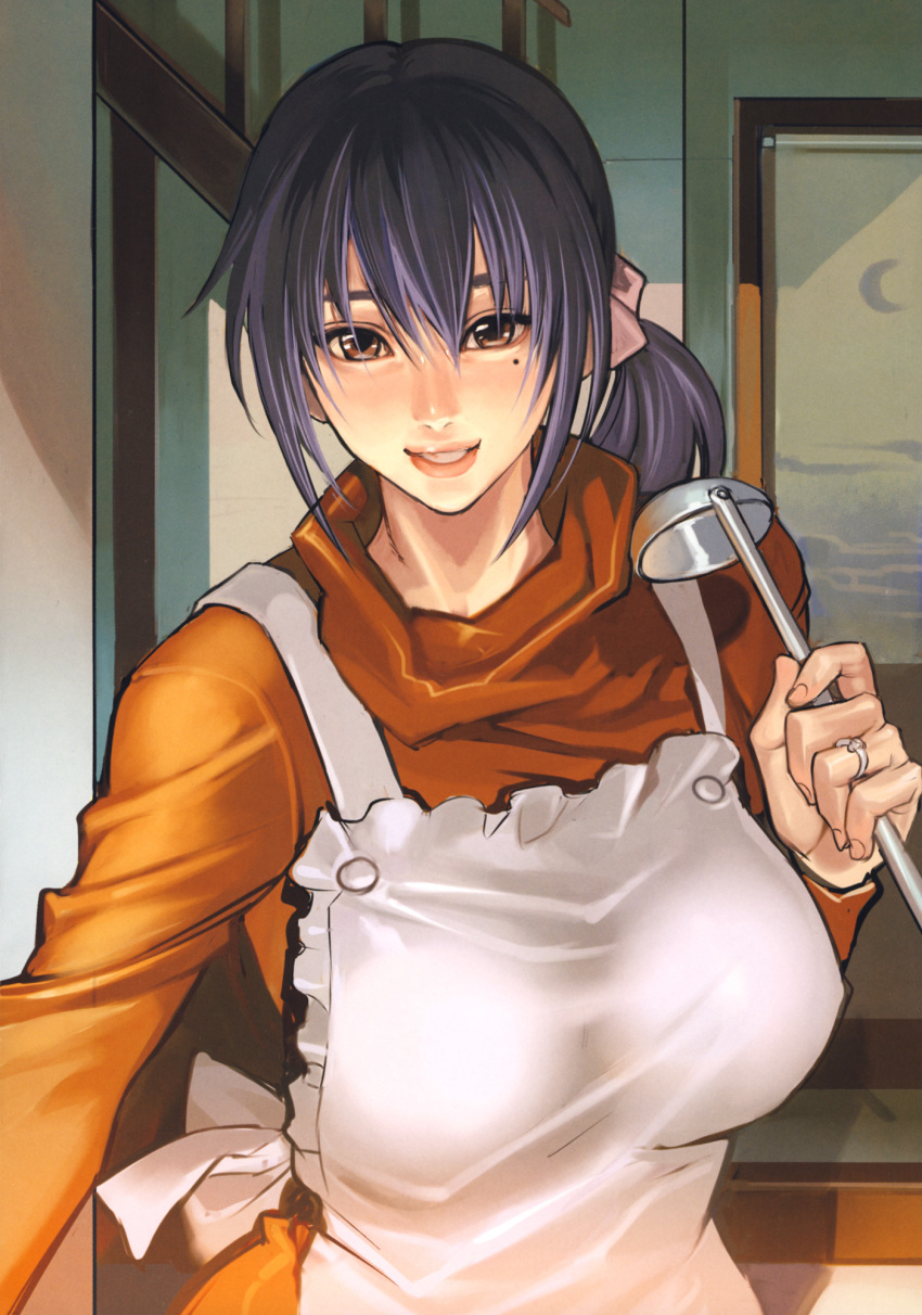 bow, brown_eyes, copyright_request, highres, house_wife, housewife, inkey, jewelry