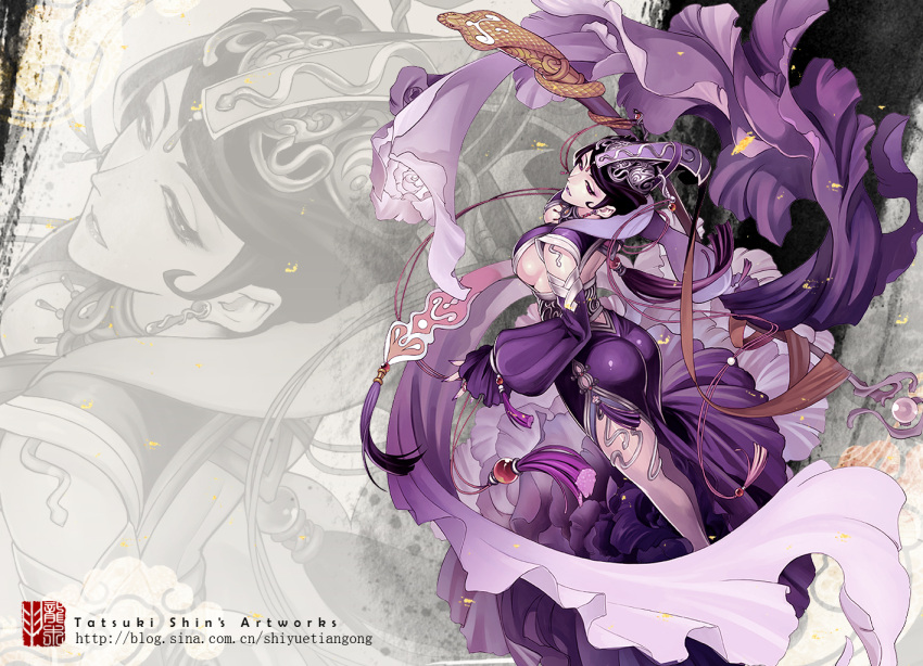 black_hair, breasts, cobra_(animal), detached_sleeves, flower, lips, long_hair, nail_polish, purple_eyes, sayo_tanku, sideboob, snake, solo, the_duke_of_mount_deer, violet_eyes, zoom_layer