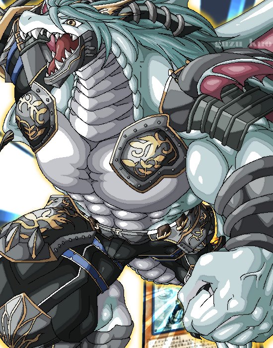 armor, dragon, fang, fighting_stance, guzu_kuo, large_pectorals, long_hair, male_focus
