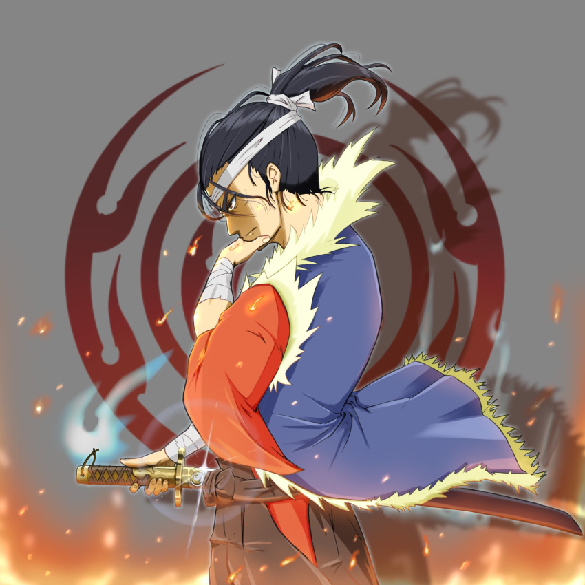 blue_fire, emblem, fire, grey_background, highres, holding, holding_sword, holding_weapon, japanese_clothes, katana, kimono, ponytail, red_kimono, serious, shiranui_samurai, solo, solo_focus, sword, tesshin_(swallows_slash), weapon, yu-gi-oh!, yu-gi-oh!_master_duel