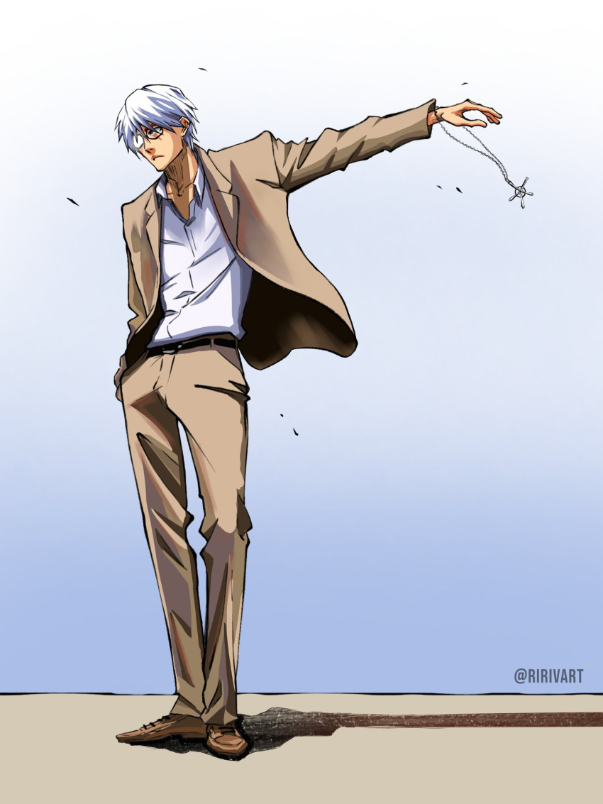 1boy, belt, black-framed_eyewear, black_belt, bleach, blue_background, brown_eyes, brown_jacket