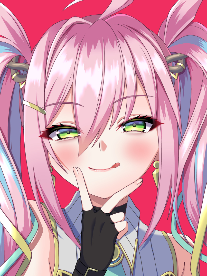 1girl, absurdres, artmegia_litera, bare_shoulders, blue_hair, blush, duel_monster, fingerless_gloves