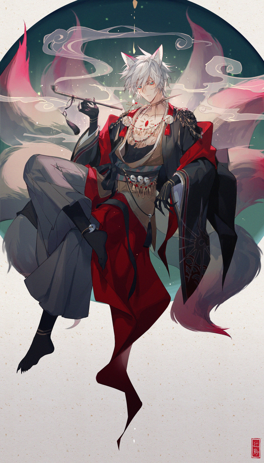1boy, absurdres, alternate_costume, animal_ear_fluff, animal_ears, bishounen, blue_eyes, chest_jewel, chinese_clothes, eyeshadow, fate/grand_order, fate_(series), fox_boy, fox_ears, fox_tail, gloves, hair_between_eyes, highres, holding, holding_smoking_pipe, jewelry, karna_(fate), kavacha_(fate), long_hair, looking_at_viewer, makeup, male_focus, multiple_tails, necklace, smoke, smoking_pipe, solo, sqloveraven, tail, thorns, white_hair