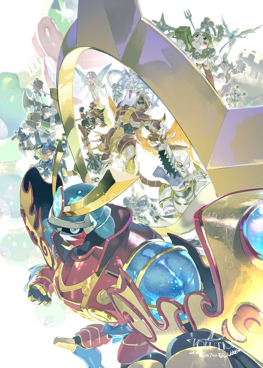 4girls, 6+boys, agnimon, arbormon, armor, artist_logo, black_armor, blitzmon