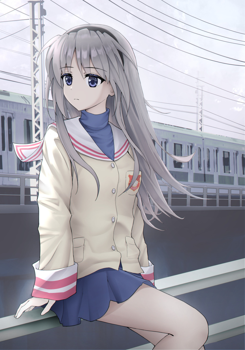 1girl, black_hairband, blazer, blue_eyes, blue_skirt, clannad, closed_mouth, clouds, cloudy_sky, colored_eyelashes, commentary, expressionless, feet_out_of_frame, floating_hair, glazearty, grey_hair, hairband, highres, hikarizaka_private_high_school_uniform, jacket, long_hair, looking_to_the_side, miniskirt, on_railing, outdoors, pleated_skirt, railing, sailor_collar, sakagami_tomoyo, school_uniform, serafuku, sidelocks, sitting, skirt, sky, sleeves_past_wrists, solo, split_mouth, train, turtleneck, very_long_hair, white_sailor_collar, yellow_jacket