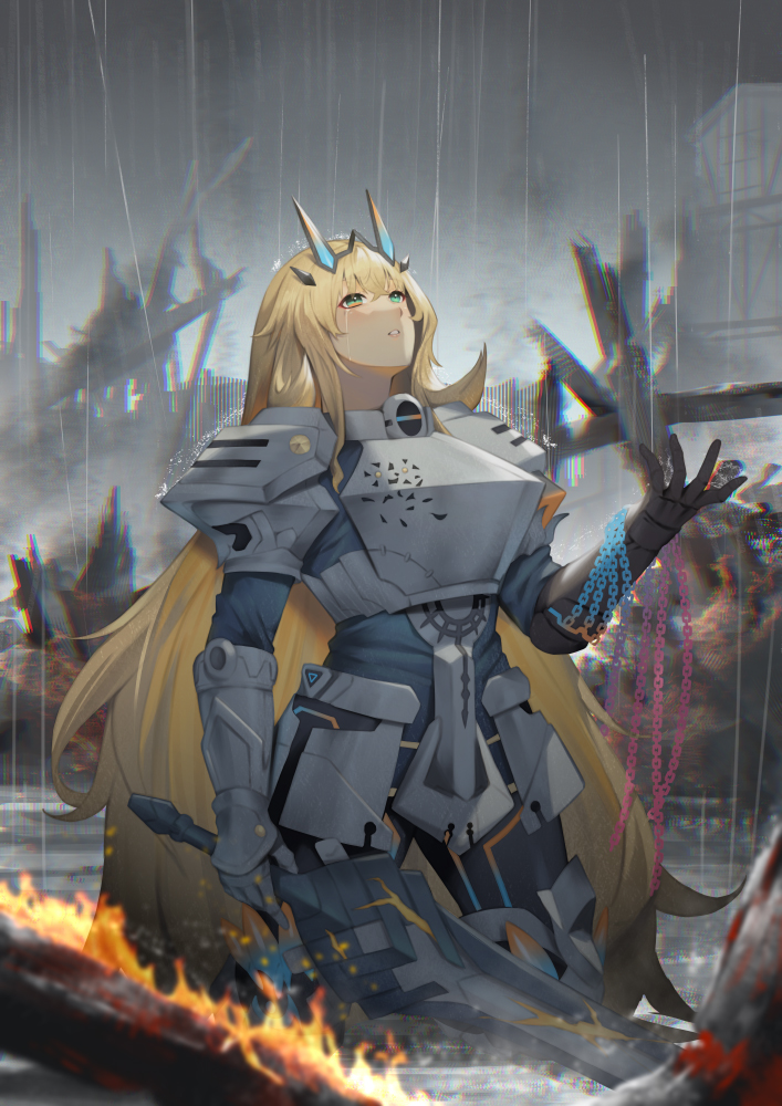1girl, armor, barghest_(fate), barghest_(first_ascension)_(fate), blonde_hair, breastplate, breasts, chain, fairy_sword_galatine, fate/grand_order, fate_(series), faulds, gauntlets, greaves, green_eyes, grey_sky, horns, large_breasts, long_hair, looking_up, nakaga_eri, pauldrons, rain, shoulder_armor, sky, solo, sword, weapon