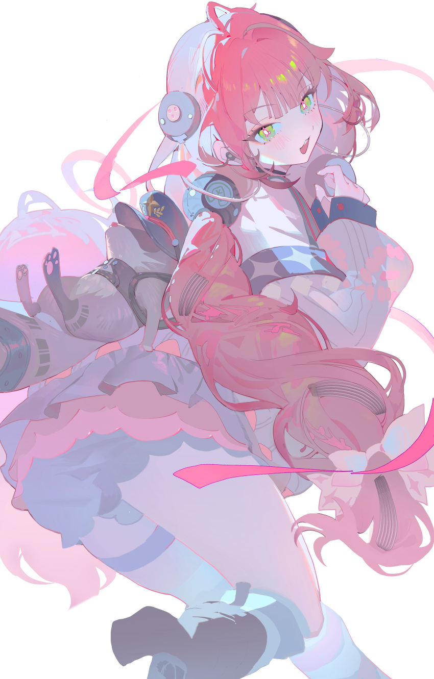 1girl, absurdres, animal_on_back, asymmetrical_legwear, boots, bow, braided_twintails, cardigan