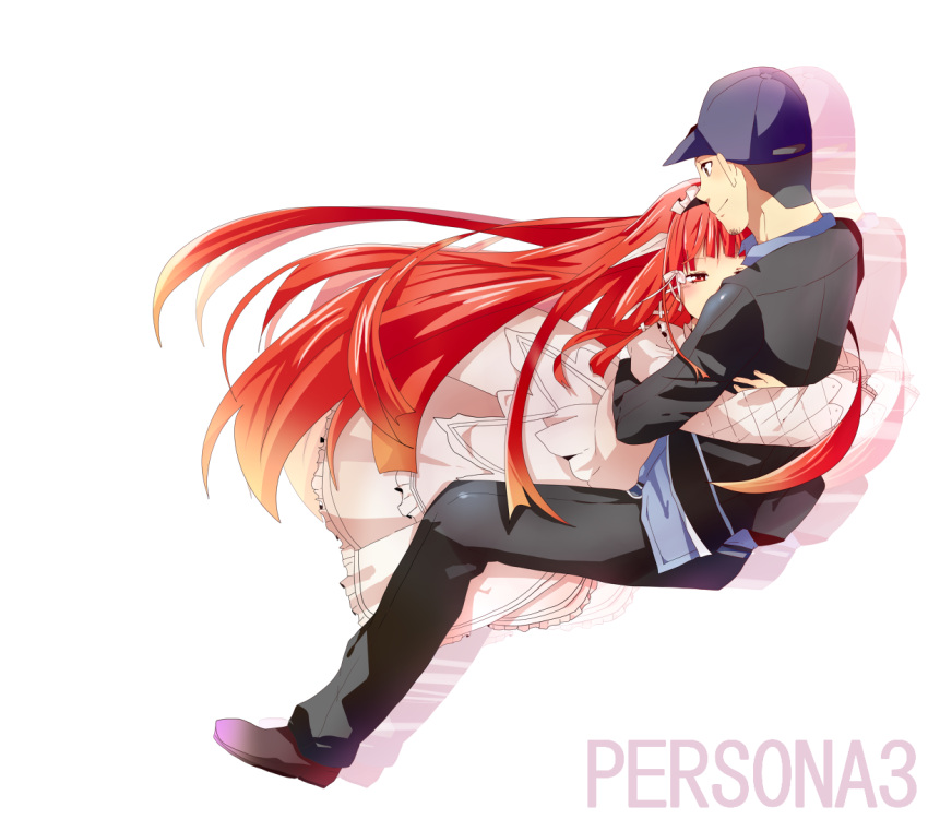 1girl, blush, couple, dress, gothic_lolita, hat, hug, iori_junpei, is2k331, lolita_fashion, long_hair, persona, persona_3, red_eyes, red_hair, redhead, school_uniform, simple_background, smile, yoshino_chidori