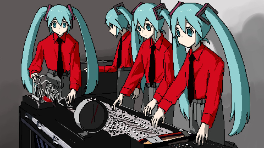 4girls, aiu404l, aqua_eyes, aqua_hair, black_necktie, clock, clone, collared_shirt