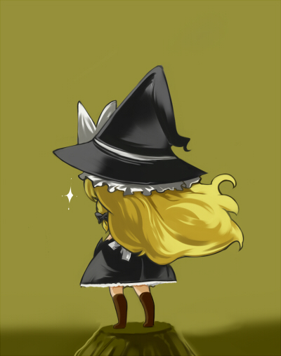 blonde_hair, boots, bow, braid, chibi, dress, from_behind, hair_bow