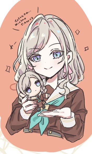 1girl, aqua_neckerchief, blue_eyes, brown_dress, ceras_yanagida_lilienfeld, character_doll, closed_mouth, commentary_request