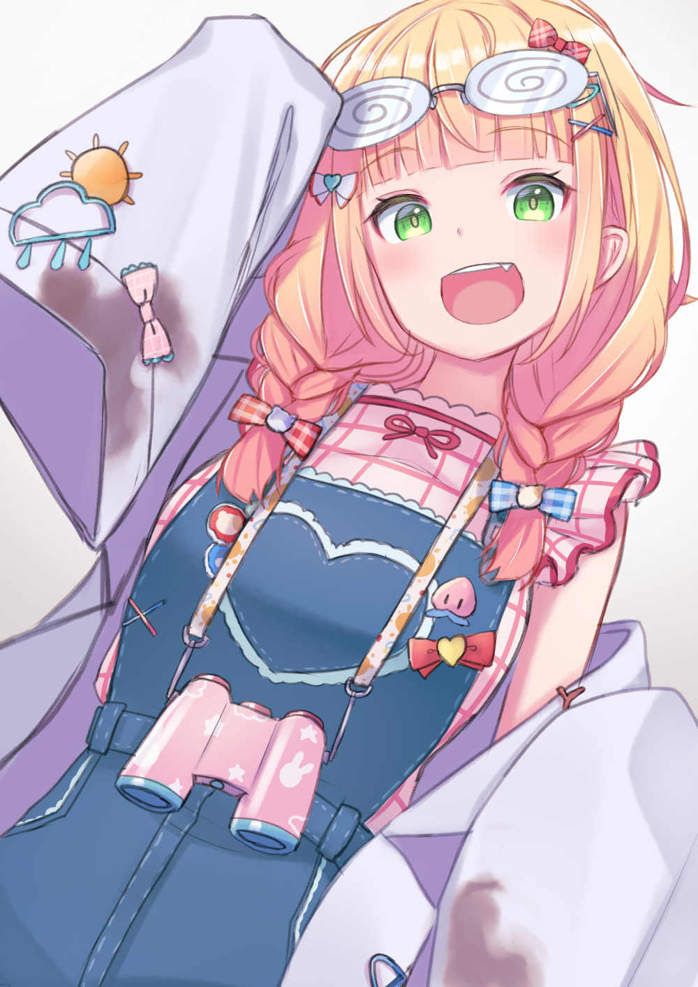 1girl, :d, anko_jamu, blonde_hair, blue_overalls, blunt_bangs, bow, braid, coke-bottle_glasses, eyewear_on_head, fang, frilled_shirt, frills, glasses, green_eyes, hair_bow, hair_ornament, highres, hololive, lab_coat, looking_at_viewer, low_twin_braids, momosuzu_nene_(7th_costume), official_alternate_costume, official_alternate_hairstyle, open_clothes, overalls, shirt, sleeves_past_fingers, sleeves_past_wrists, smile, solo, teeth, twin_braids, twintails, upper_teeth_only, virtual_youtuber, white_background, x_hair_ornament