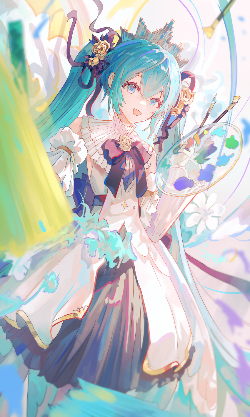 1girl, absurdres, art_brush, black_bow, black_skirt, blue_eyes, blue_hair, bow