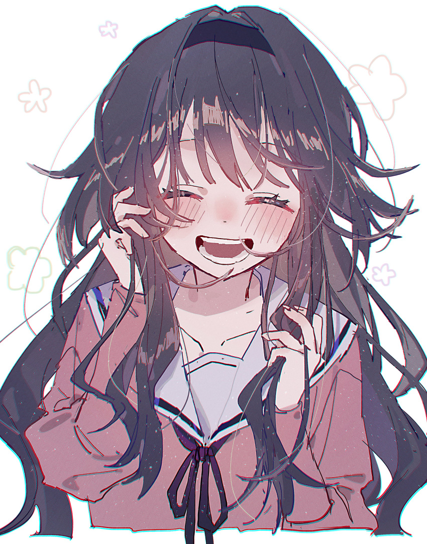 1girl, ^_^, absurdres, black_hair, black_hairband, blunt_bangs, blush, closed_eyes, collarbone, commentary, cropped_torso, dot_nose, facing_viewer, hairband, hands_up, happy, happy_aura, highres, hinay_2, holding, holding_own_hair, juliet_sleeves, kaoru_hana_wa_rin_to_saku, kikyo_private_academy_school_uniform, long_hair, long_sleeves, messy_hair, neck_ribbon, open_mouth, pink_serafuku, pink_shirt, puffy_sleeves, ribbon, sailor_collar, school_uniform, serafuku, shirt, sidelocks, simple_background, smile, solo, teeth, upper_body, waguri_kaoruko, white_background, white_sailor_collar