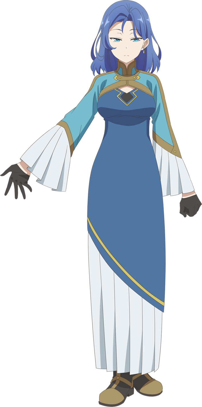 1girl, anime_coloring, black_gloves, blue_dress, blue_eyes, blue_hair, boots, clenched_hands, closed_mouth, dress, earrings, filmina, full_body, gloves, highres, jewelry, jidouhanbaiki_ni_umarekawatta_ore_wa_meikyuu_wo_samayou, long_sleeves, medium_hair, official_art, open_hand, outstretched_arm, simple_background, solo, spread_fingers, standing, transparent_background, tsurime, wide_sleeves, yamauchi_naoki