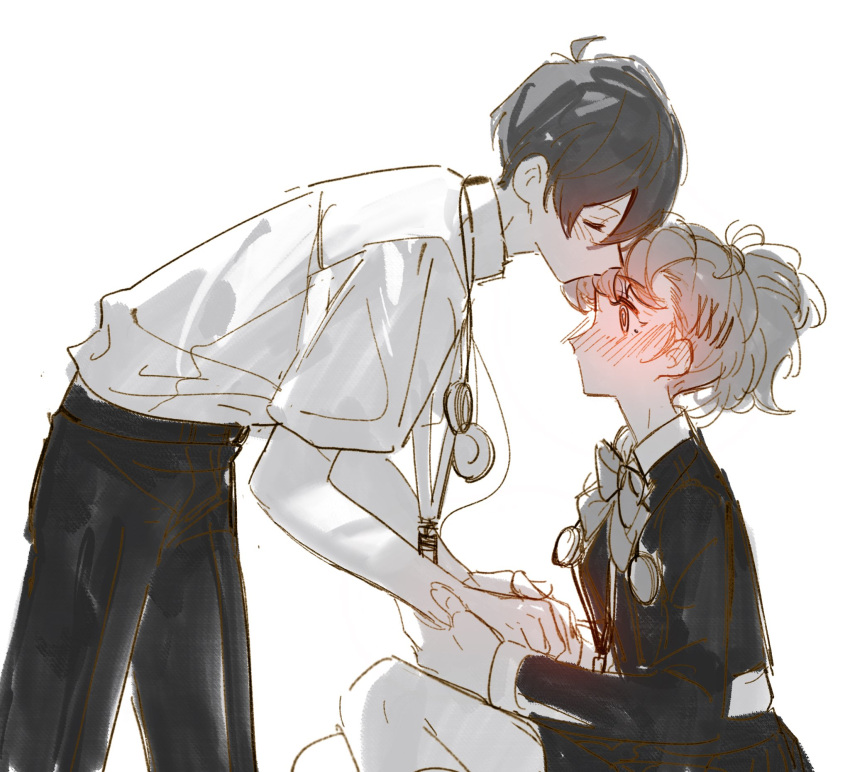 1boy, 1girl, @_@, black_jacket, black_pants, black_skirt, blush, bow, bowtie, closed_eyes, closed_mouth, collared_shirt, digital_media_player, feet_out_of_frame, gekkoukan_high_school_uniform, headphones, headphones_around_neck, highres, holding_hands, jacket, kiss, kissing_forehead, long_sleeves, neck_ribbon, pants, persona, persona_3, persona_3_portable, ribbon, rrrrrrrrrrrou1, school_uniform, shiomi_kotone, shirt, short_hair, sitting, skirt, white_shirt, yuuki_makoto_(persona_3)