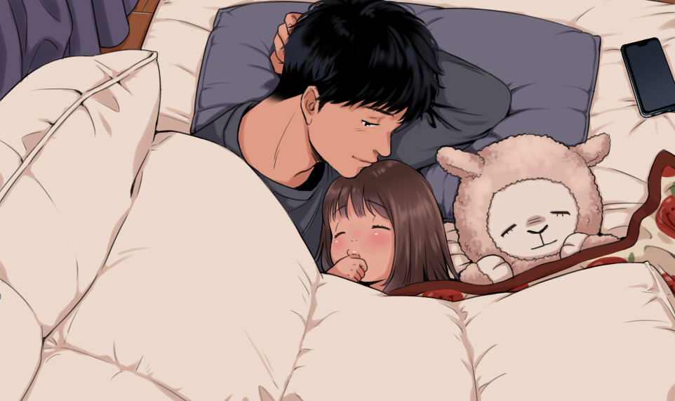1boy, 1girl, age_difference, bed, black_hair, blanket, brown_hair, cellphone