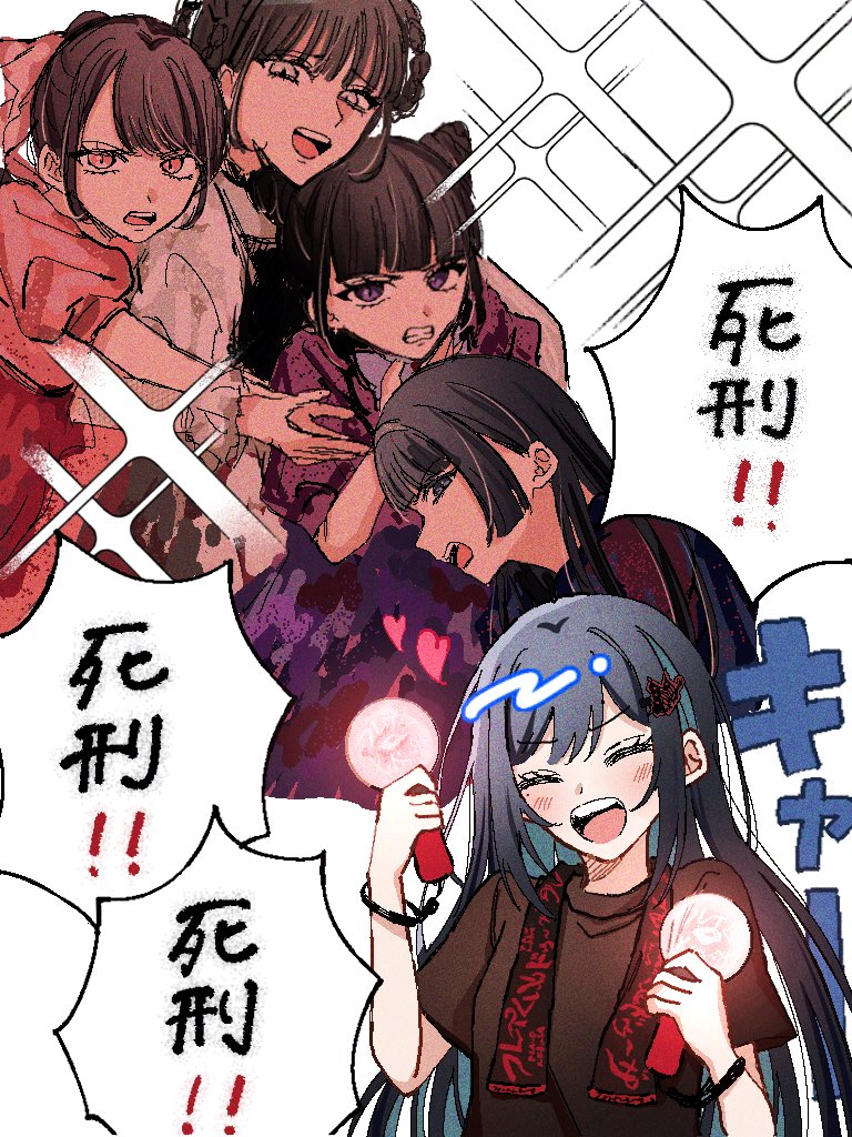5girls, ado_(utaite), black_hair, black_shirt, blue_hair, blush, chando_(ado), clenched_teeth, closed_eyes, colored_inner_hair, commentary_request, grey_eyes, heart, long_hair, looking_at_viewer, miu_(phantom_siita), mole, mole_under_eye, mona_(phantom_siita), multicolored_hair, multiple_girls, open_mouth, oyashirazu_(adochan_daisuki), phantom_siita, pink_shirt, puffy_short_sleeves, puffy_sleeves, purple_shirt, red_eyes, rinka_(phantom_siita), shirt, short_sleeves, teeth, translation_request, utaite, violet_eyes