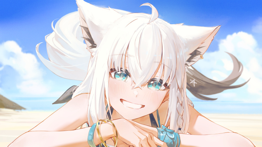 1girl, absurdres, ahoge, animal_ear_piercing, animal_ears, aqua_eyes, bangle, beach, bikini, blue_eyes, blue_sky, blush, bracelet, braid, braided_sidelock, clouds, commentary, crossed_bangs, extra_ears, fox_ears, fox_girl, fox_tail, grin, hair_between_eyes, highres, hololive, hololive_summer_2023_swimsuit, hyde_(tabakko), jewelry, looking_at_viewer, lying, official_alternate_costume, on_stomach, pentagram, sand, shirakami_fubuki, shore, side_braid, sidelocks, single_braid, sky, smile, solo, swimsuit, tail, teeth, virtual_youtuber, white_hair, wristband
