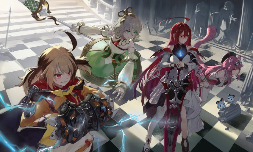 4girls, ahoge, animal_ears, ascot, black_shoes, blue_fire, blue_hair, bluehead_white_dragon, braid, breasts, brown_hair, cecilia_immergreen, cecilia_immergreen_(1st_costume), chattino_(raora_panthera), checkered_floor, colored_inner_hair, commentary, corset, cross-laced_clothes, cross-laced_corset, detached_collar, detached_sleeves, doll, doll_joints, double-parted_bangs, dress, elizabeth_rose_bloodflame, elizabeth_rose_bloodflame_(1st_costume), english_commentary, fighting_stance, fire, fire_on_chest, gauntlets, gigi_murin, gigi_murin_(1st_costume), goggles, goggles_on_head, greatsword, green_corset, green_eyes, green_hair, green_skirt, grey_hair, hair_between_eyes, hair_ornament, halter_dress, halterneck, high_heels, highres, holding, holding_polearm, holding_weapon, holojustice, hololive, hololive_english, hood, hoodie, huge_ahoge, indoors, jacket, joints, lance, large_breasts, long_hair, long_sleeves, multicolored_hair, multiple_girls, orange_hoodie, panther_ears, panther_girl, panther_tail, pink_eyes, pink_hair, planted, planted_sword, polearm, puffy_long_sleeves, puffy_sleeves, raora_panthera, raora_panthera_(1st_costume), red_ascot, red_eyes, red_hair, romper, shirt, shoes, short_hair, short_twintails, side_braid, sidelocks, single_thighhigh, skirt, strapless_romper, streaked_hair, sword, tail, thigh-highs, thorn_(elizabeth_rose_bloodflame), twintails, two-tone_hair, very_long_hair, virtual_youtuber, weapon, white_dress, white_hair, white_jacket, white_romper, white_shirt, white_sleeves, white_thighhighs, winding_key, yellow_eyes