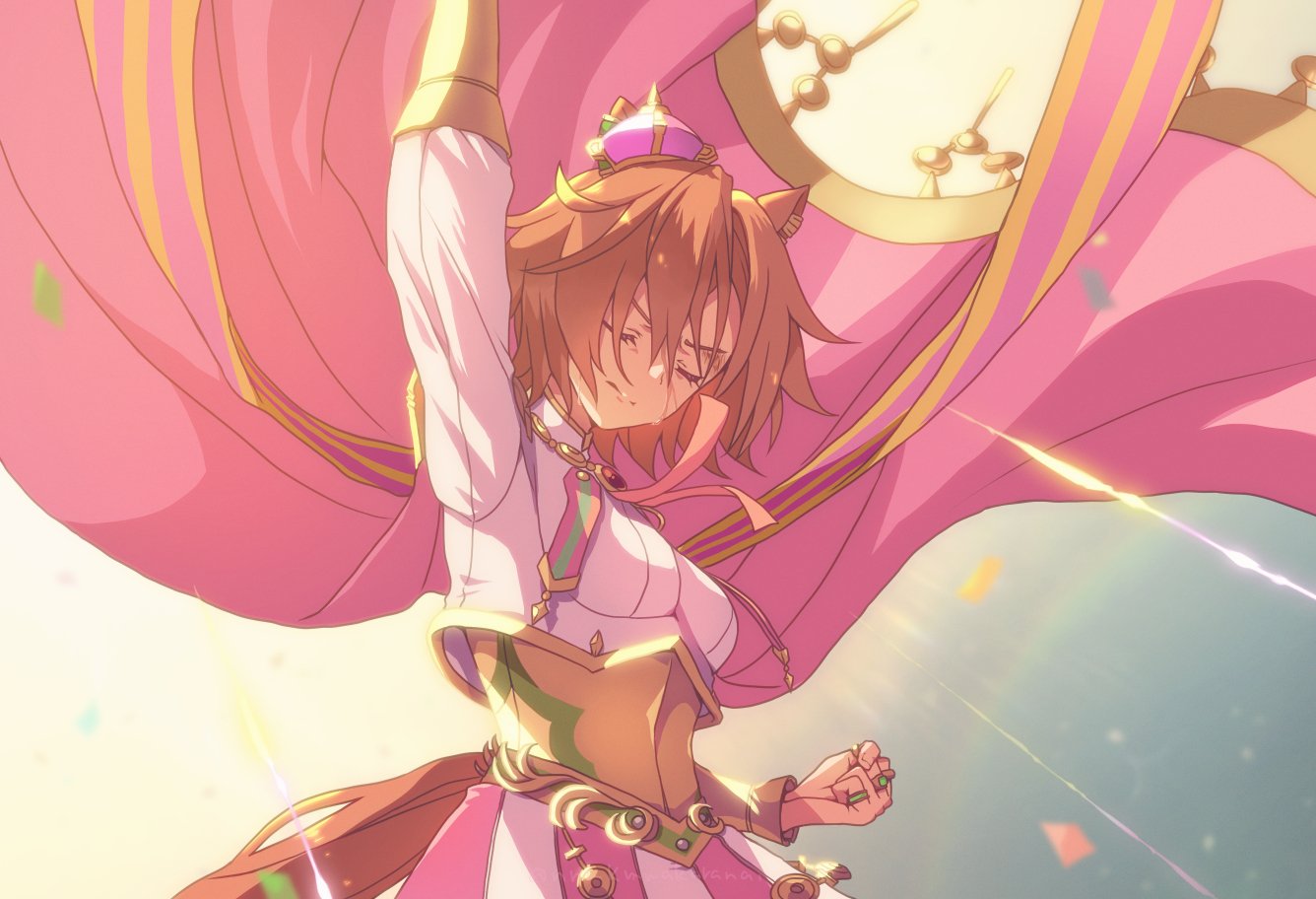 1girl, animal_ears, arm_up, armor, breasts, brown_hair, cape, clenched_hand, closed_eyes, closed_mouth, commentary, confetti, cowboy_shot, cropped_shirt, crown, floating_cape, gold_armor, gold_necklace, head_down, horse_ears, horse_girl, horse_tail, jewelry, medium_breasts, mini_crown, necklace, nnmkmwakaranai, pink_cape, pink_skirt, ring, shirt, short_hair, skirt, solo, striped_clothes, striped_skirt, sunlight, sweat, t.m._opera_o_(umamusume), tail, two-tone_skirt, umamusume, vertical-striped_clothes, vertical-striped_skirt, white_shirt, white_skirt
