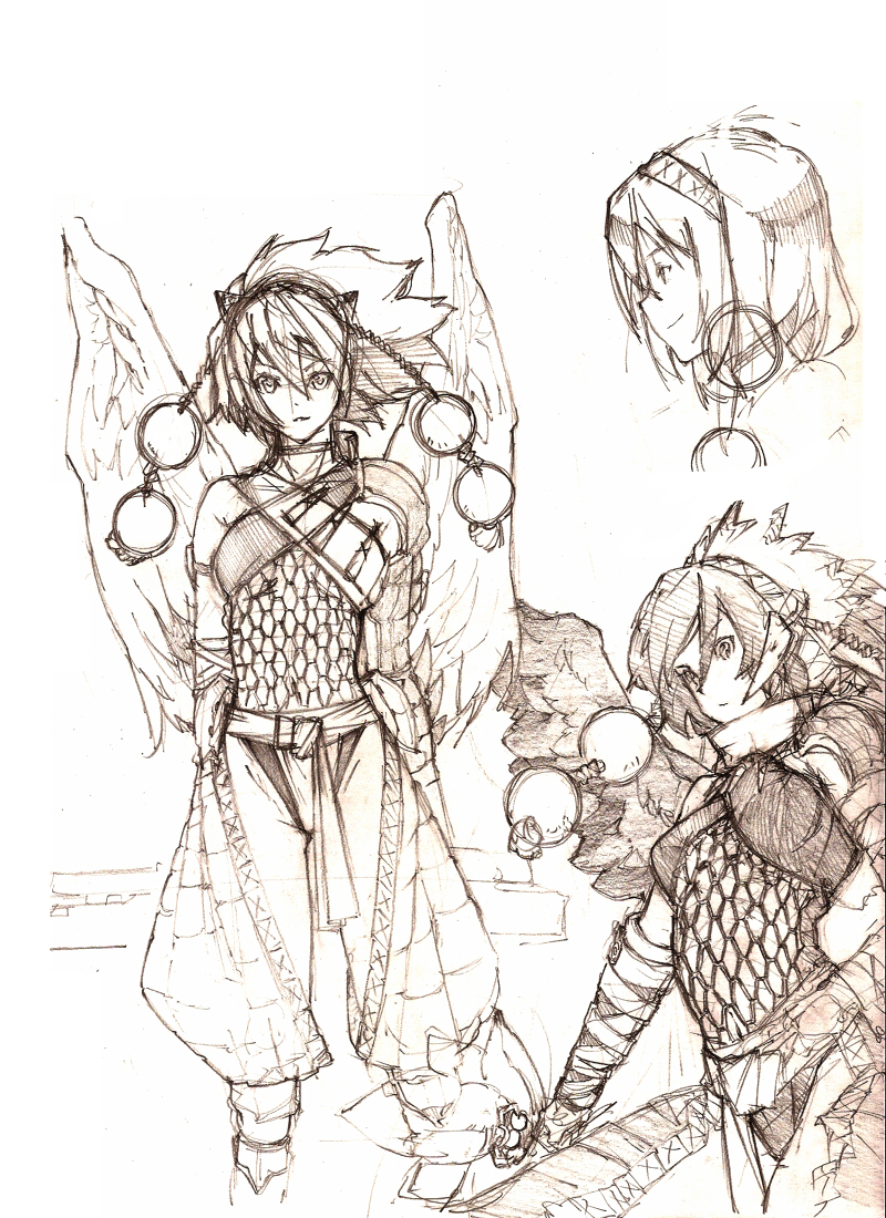 alternate_costume, alternate_hairstyle, armor, capcom, fan, hairband, hat, monochrome