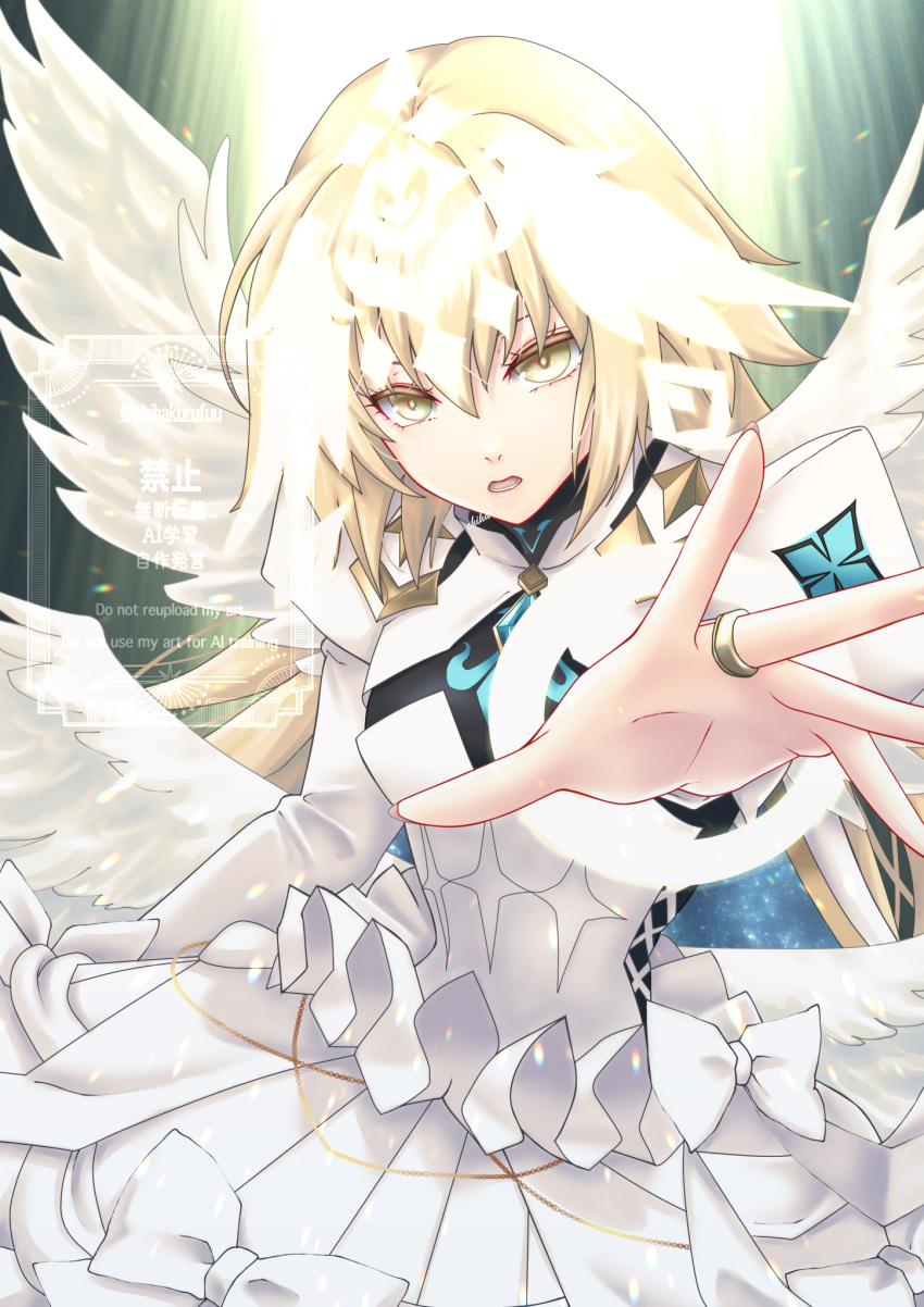1girl, angel_wings, armor, blonde_hair, breasts, chi_wa, collared_shrug, dress