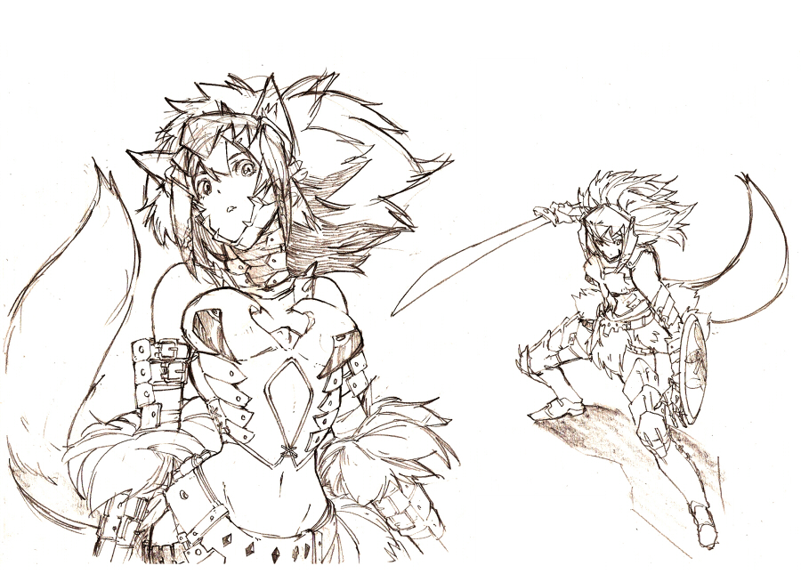 alternate_costume, alternate_hairstyle, animal_ears, armor, bare_shoulders, barioth_(armor), inubashiri_momiji, long_hair, monochrome, monster_hunter, monster_hunter_portable_3rd, mound_of_venus, mtmy, navel, parody, shield, sketch, solo, sword, tail, touhou, weapon, wolf_ears, wolf_tail