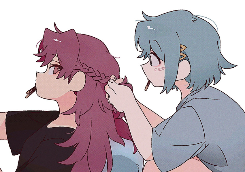 2girls, 89_(_26_mmm_), alternate_costume, blue_eyes, blue_hair, braid, braiding_hair, food