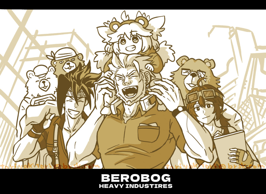 2girls, 5boys, aged_down, animal_ears, anton_ivanov, bear_boy, bear_ears, ben_bigger, closed_eyes, closed_mouth, commentary_request, english_text, engrish_text, fake_animal_ears, foreman_thomas_(zenless_zone_zero), grace_howard, grin, headband, khors_belobog, koleda_belobog, looking_at_another, looking_to_the_side, mishka_(zenless_zone_zero), monochrome, multiple_boys, multiple_girls, notched_ear, on_shoulder, ranguage, scar, scar_across_eye, scar_on_face, sepia, sitting, smile, torio3torio, twintails, typo, zenless_zone_zero