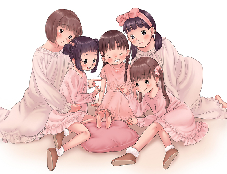 5girls, barefoot, black_hair, blunt_bangs, blush, bob_cut, bow_hairband, braid