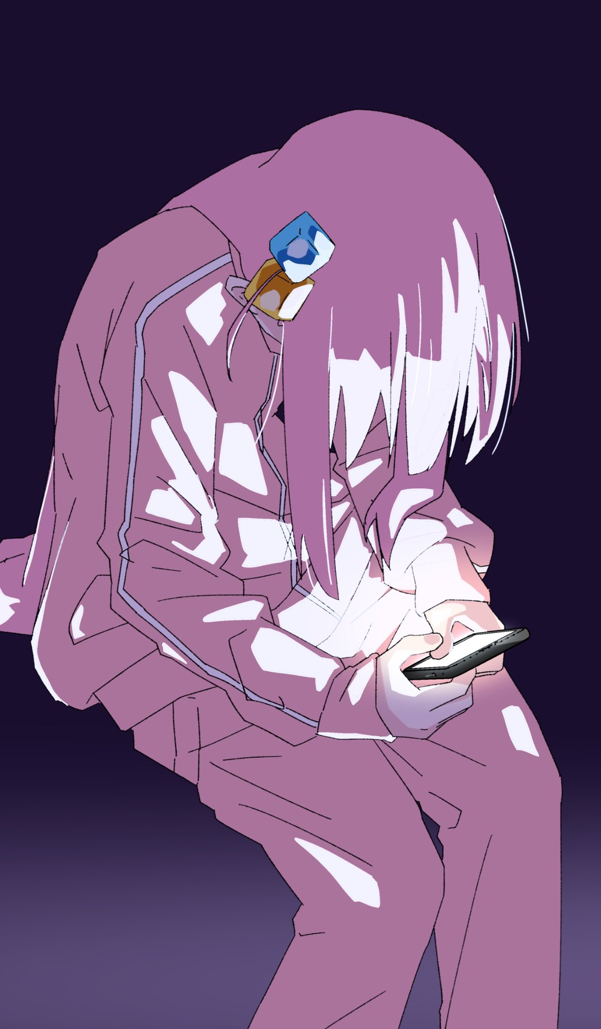 1girl, black_background, bocchi_the_rock!, cellphone, cube_hair_ornament, fingernails, gotoh_hitori, h14_drawing, hair_ornament, highres, holding, holding_phone, jacket, long_hair, long_sleeves, pants, phone, pink_hair, pink_jacket, pink_pants, pink_track_suit, smartphone, track_jacket, track_pants, track_suit