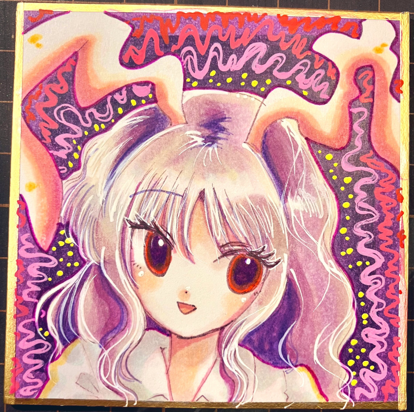 1girl, abstract_background, absurdres, animal_ears, collared_shirt, commentary_request, eyelashes, highres